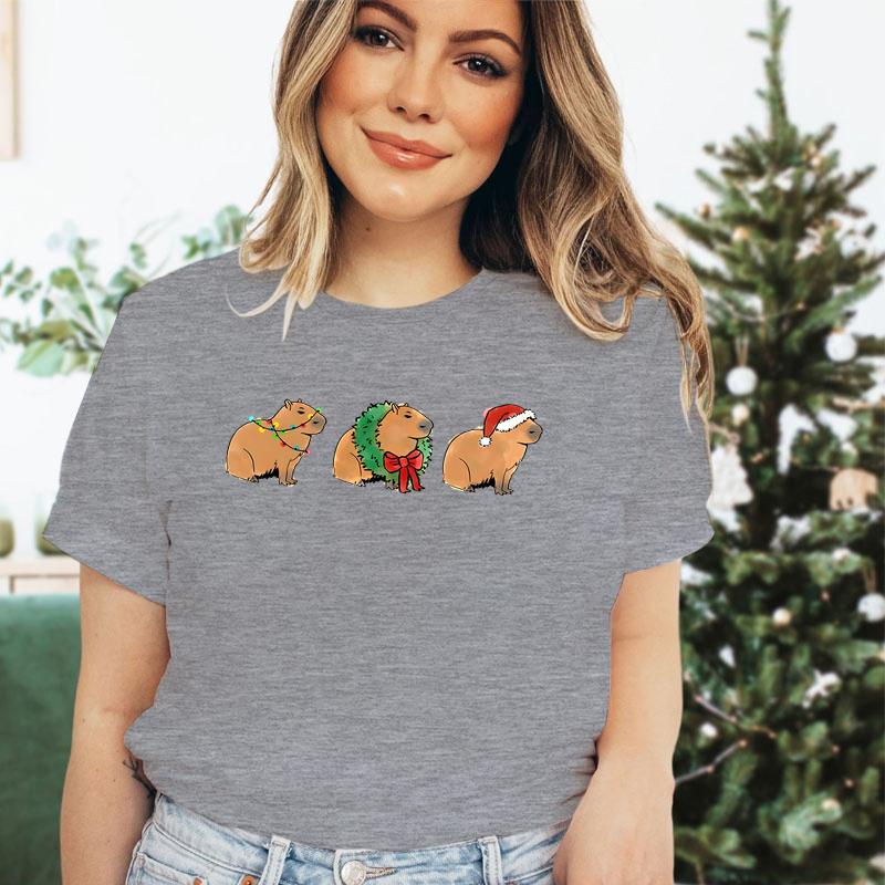 Merry Christmas Capybaras Print Women Fashion Casual Tshirts Capybara Kawaii Cartoon Tee Capybaras Lover Christmas Gift Tshirt