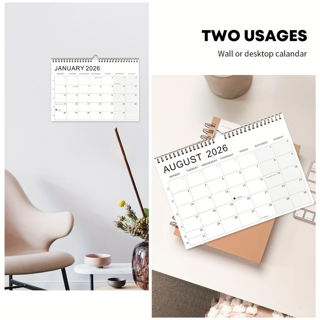 1pc A4 Weekly Planner Calendar 2026-2027 View with Monthly Tabs, Full Moon & New Moon Markings, Monday-to-Sunday Layout