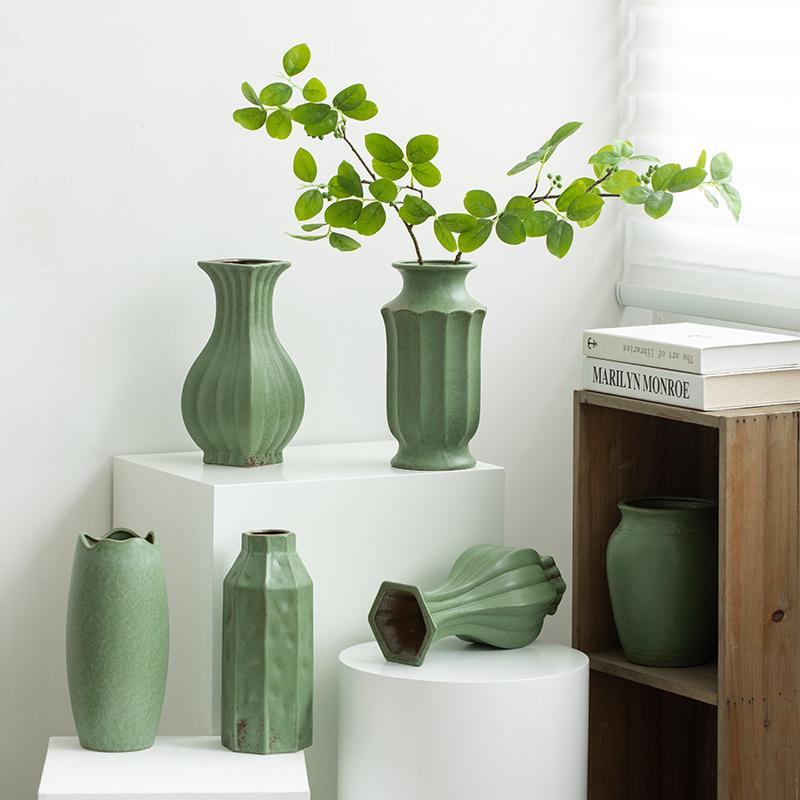 Nordic Ceramic Minimalist Retro Green Vase Ornaments, Home Dining Table, Living Room Decorationss Accessories, Floral Organ, 1Pc