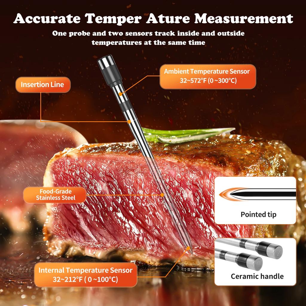 Wireless Meat Thermometer Digital Bluetooth Dual Probe Rechargeable with LCD Screen Support Mobile APP for BBQ Oven Grill