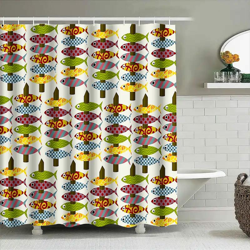 Fish Pattern Shower Curtain Coastal Ocean Sea Life Waterproof Decor Bathroom Set Vintage Nautical Themed Shower Liner