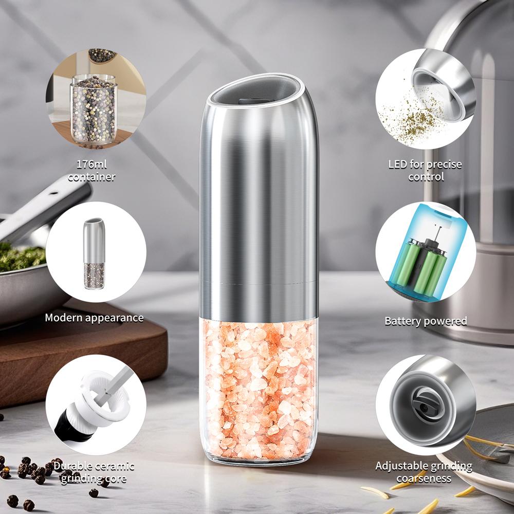 New Upgraded Larger Capacity Electric Salt and Pepper Grinder Set 176ml Stainless Steels Automatic Pepper Mill with LED light