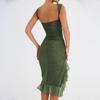Ladies Sexy Tight Open Back Pleated Midi Dress Sleeveless Irregular Hem Dress Slim Dress