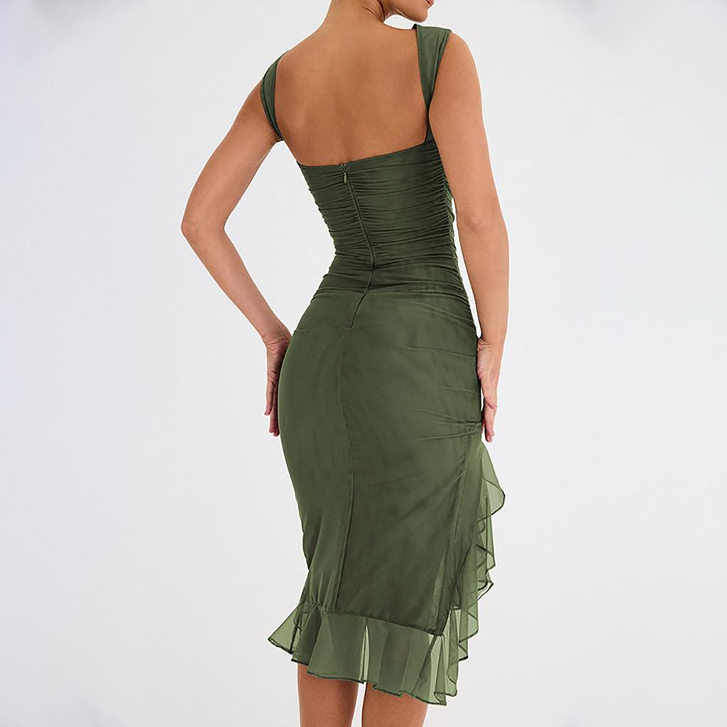 Ladies Sexy Tight Open Back Pleated Midi Dress Sleeveless Irregular Hem Dress Slim Dress