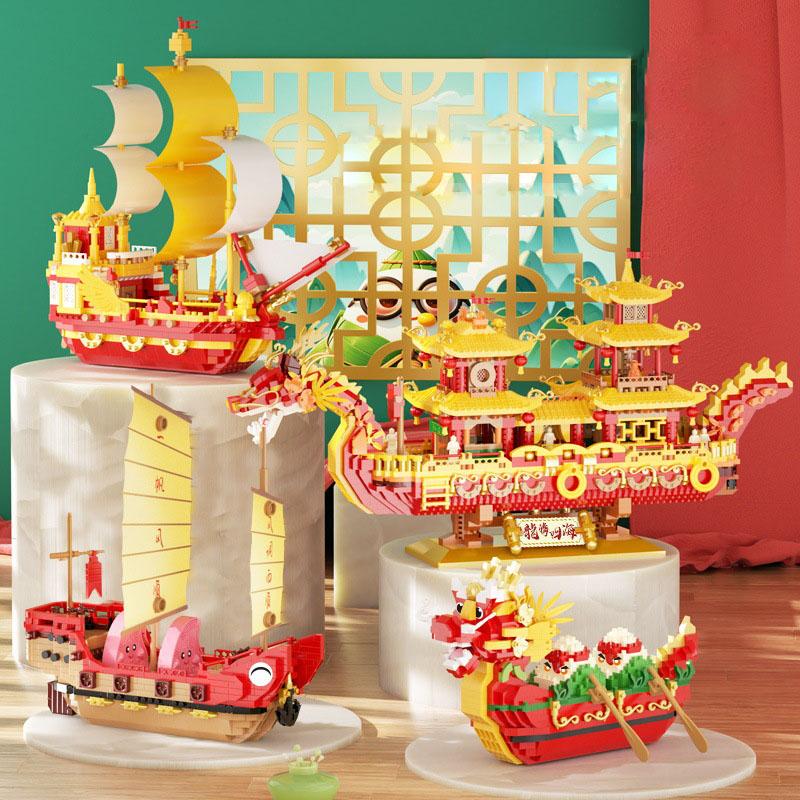 Creative China Dragon Red Headed Boat Micro Diamond Block Royal Ship Sailboat Building Brick Model Nanobrick Toys Collection