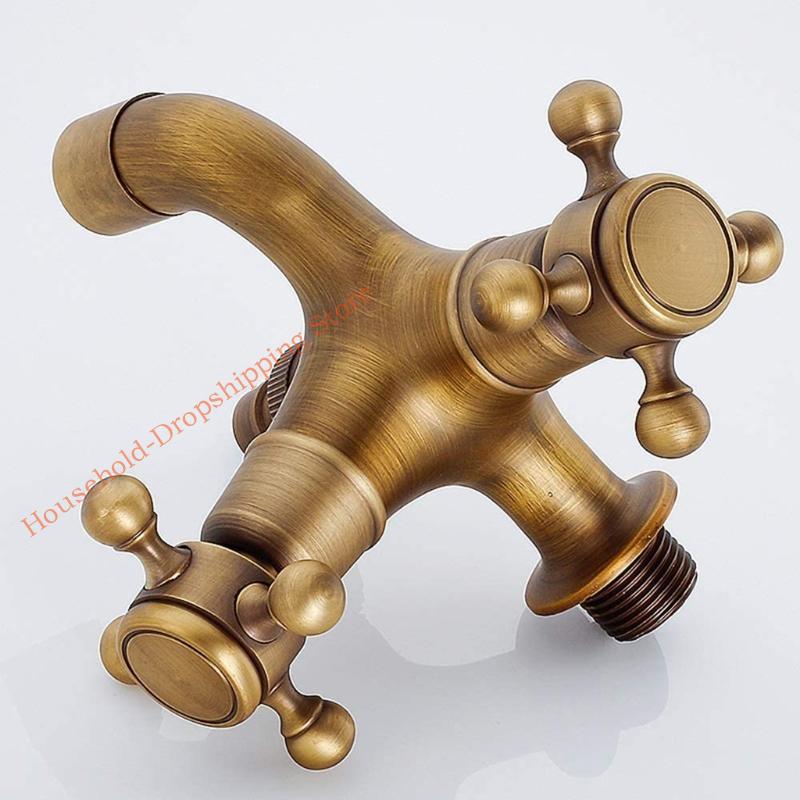 85AD Brass Bathroom Sink Faucets Washing Machine Mop Pool Faucet 2 Switches 2 Water Outlets Bathtub Garden Antique