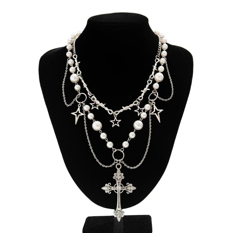 2pc Elegant Crosses Pearls Necklace Versatile Crosses Pendant Pearls Necklace Jewelry for Faithful Fashionistas