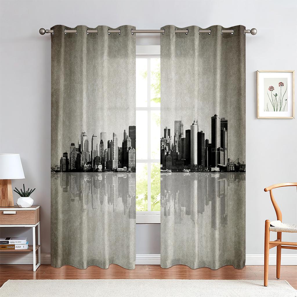 Stadtgebäude 3D-gedruckte Vorhänge Straßenansicht Flussblick Schwarzweiß Handgemalt Industriestil Wohnzimmer Vorhänge 2 Stück