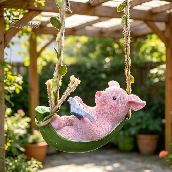 Durable Outdoor Decoration Hanging Resin Pig Figurine, Cute Piggy Lying in Hammock Reading Waterproof Ornament Book Ornament, Animal Sculpture