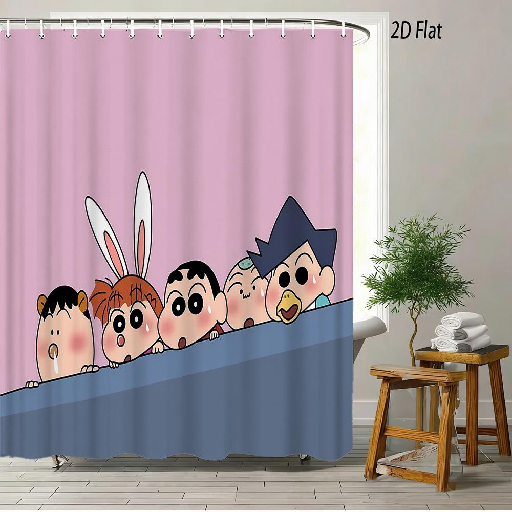 Crayon Shin-Chan Flame Ninja Z Themed 2D Print Waterproof Shower Curtain, Flying Shin-Chan With Family & Shiro Colorful Cityscap