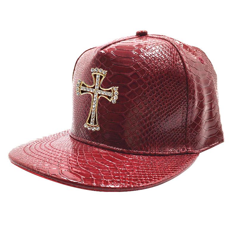 Crocodile Grain Hip Hop Baseball Cap with Rhinestone PU Leather Brim