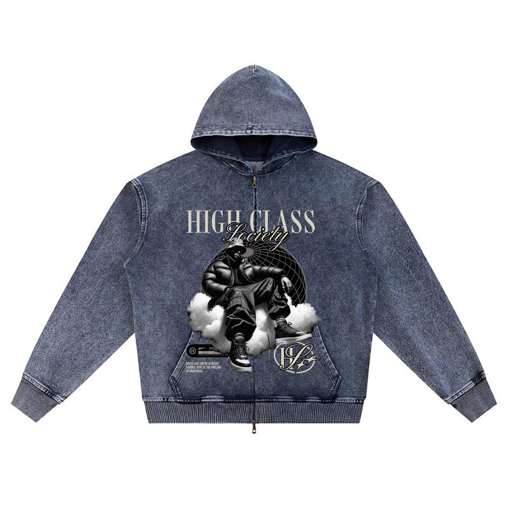 DTG print Knitted Denim Zip-Up Hoodie Streetwear Graphic Brother Print Zipper Hoodies  