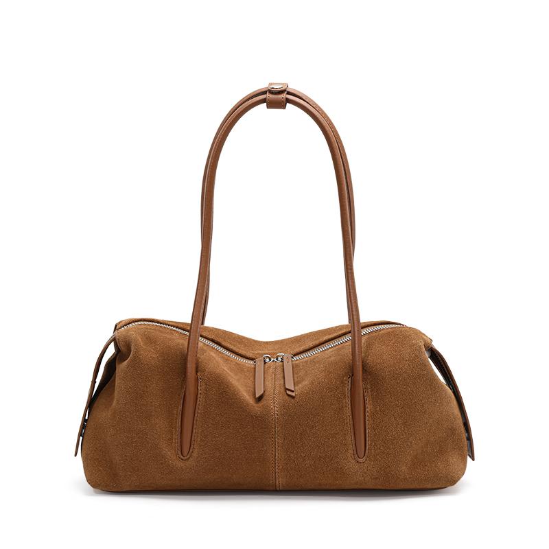 Aidanni Suede Cowhide Boston Bag for Women, 2026 New Style, Large-Capacity Handheld Baguette Bag, Single Shoulder Underarm Bag