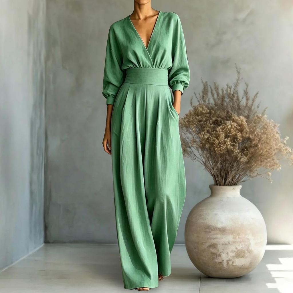 Damen V-Ausschnitt Farbe Taillenband Jumpsuit für einen eleganten Freizeit-Look