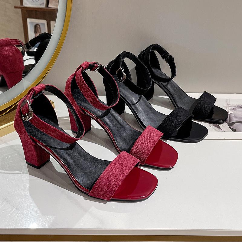 Elegant Suede Thick-Heeled One-Strap Sandals for Women: Versatile Black and Red, 2026 Summer Collection