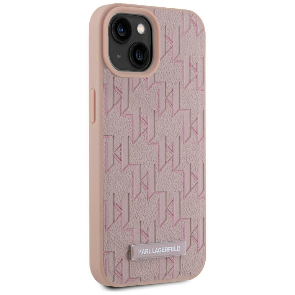 Karl Lagerfeld Leather Monogram Metal Logo MagSafe Case for iPhone 15 Pink
