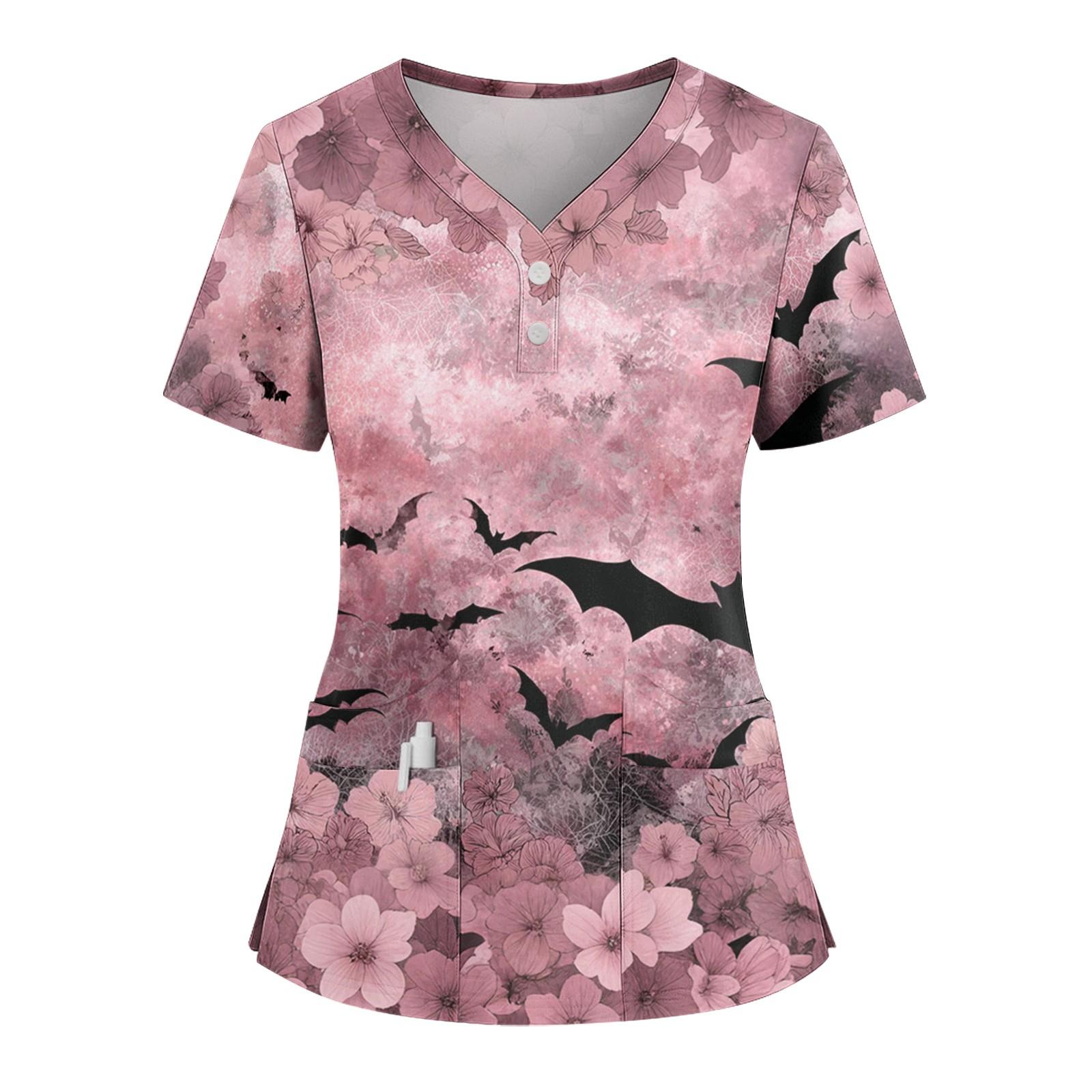 

Women s Loose Short Sleeved Fashionable Halloween Print V-neck Buttonable Side Slit Top T-shirt XXXL рожевий