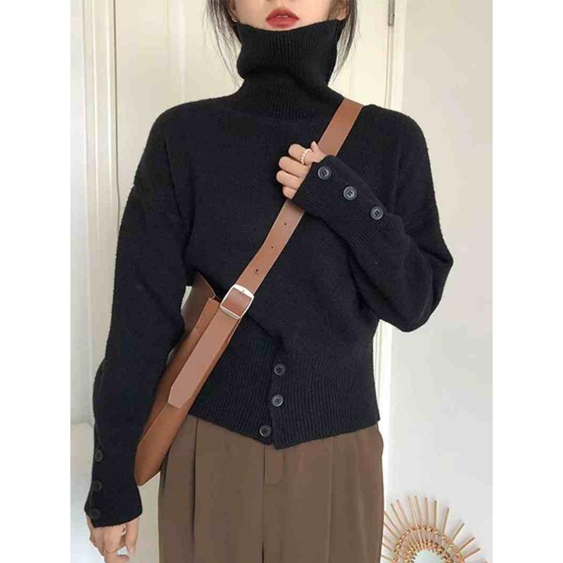 Autumn Winter New Turtleneck Long Sleeve Pullover Sweater for Women Elegant 2025 Fashion Loose Hem Button Sweaters Office Casual Knit Top Clothing