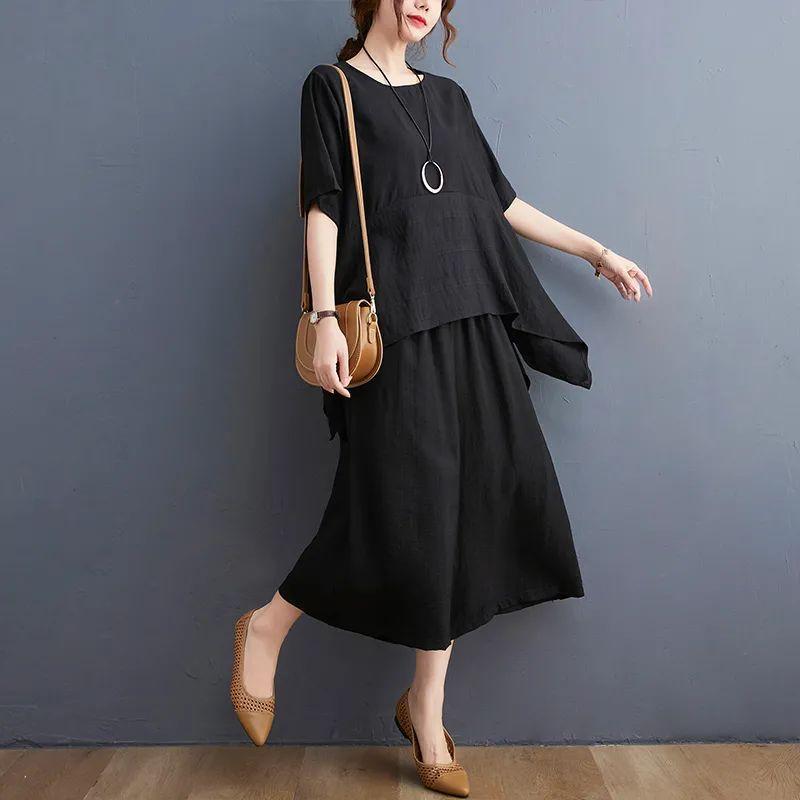 Plus Size Summer Outfit Two Piece Set Slimming Faion Casual Wide Leg Pants Ort Sve Cover Up Top Cotton Blend