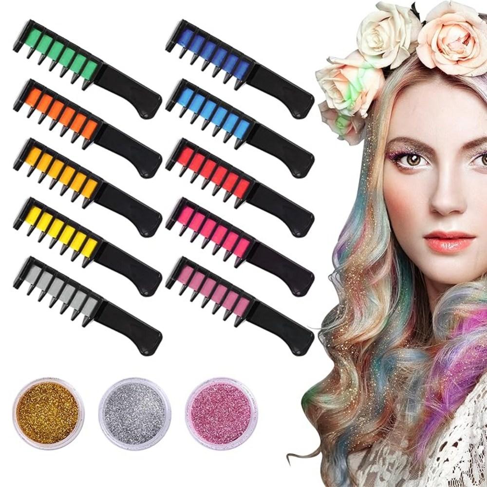 Hair Chalk Comb Hair Chalk Comb Hair Comb Hair Color Dye Washable 10-Color Set Glitter Powder 3 pcs Included 1