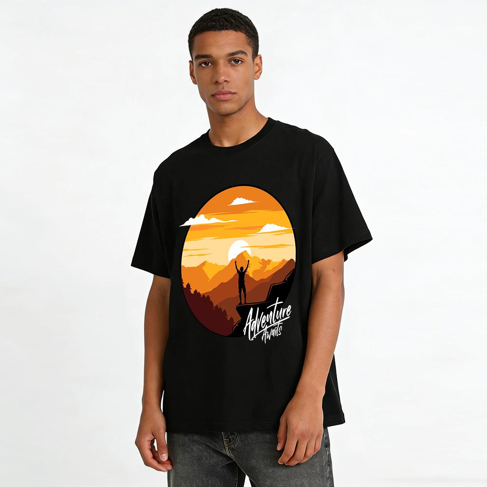 Sunrise Mountain Adventure Silhouette Graphic Casual T-Shirt Pure Cotton T-shirt