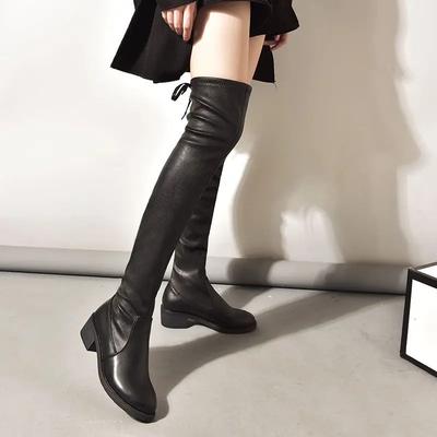 Ladies Knee High Shaft Shoes Black Women's Long Boots Middle Heel Round Toe Gyaru New In 2024 Y2k Designer Luxury Demi-season Pu
