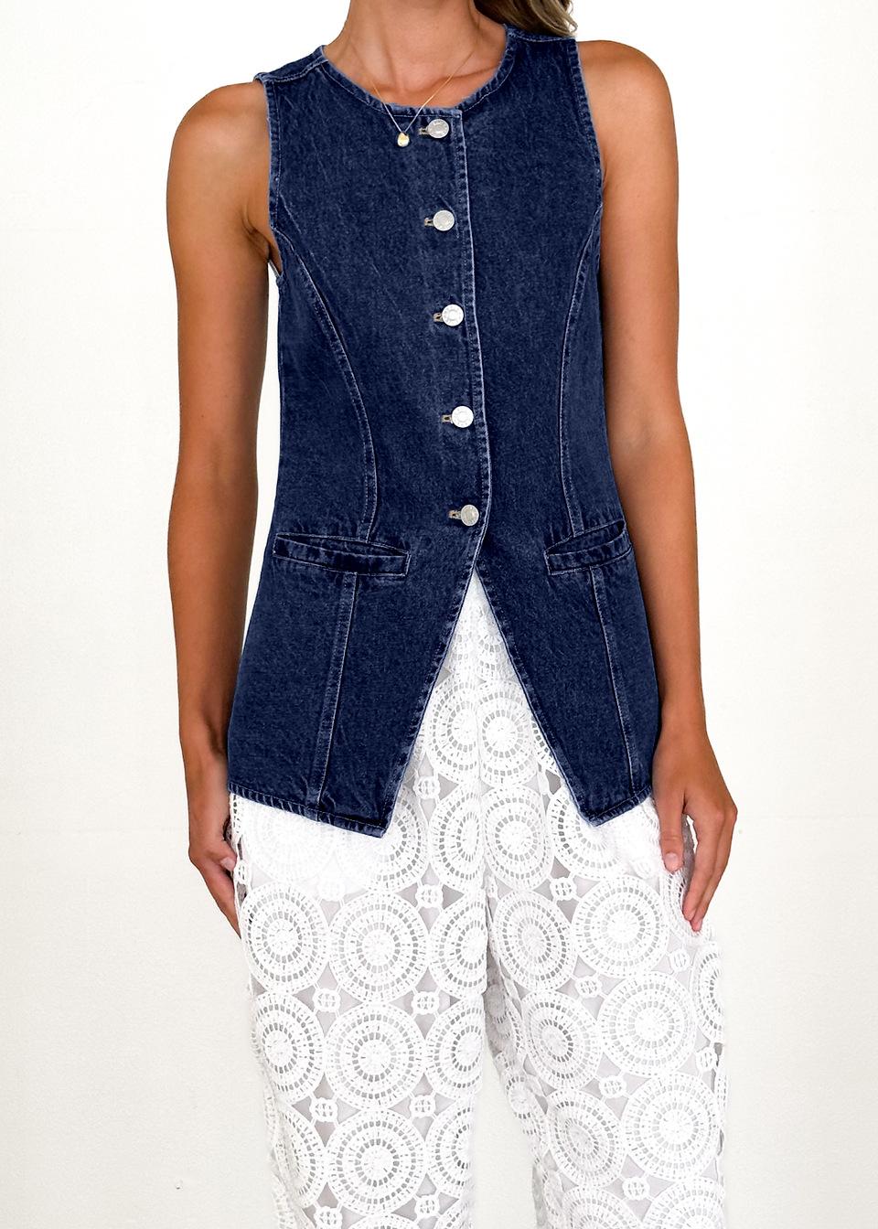 Independent Station New European and American Retro Fashion Crew Neck Sleeveless Waist Denim Jacket Vest Women S