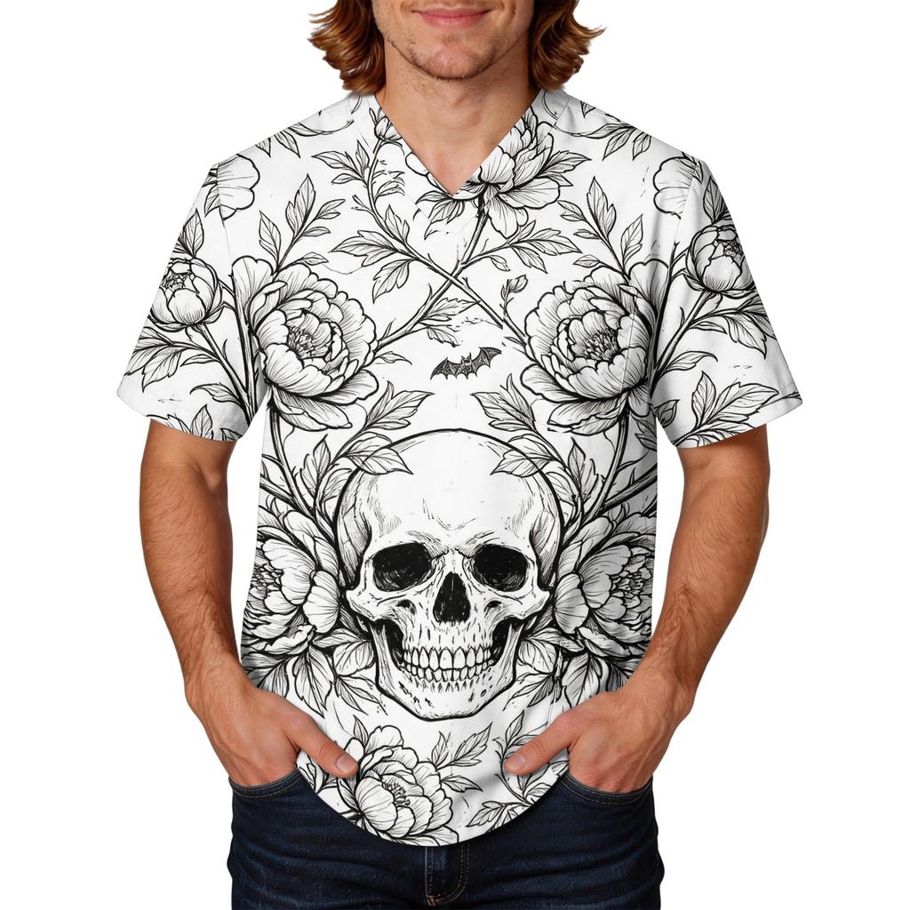 Men's Halloween Printed V-Neck Scrub Top Short Sleeve with Pockets for Work Uniform