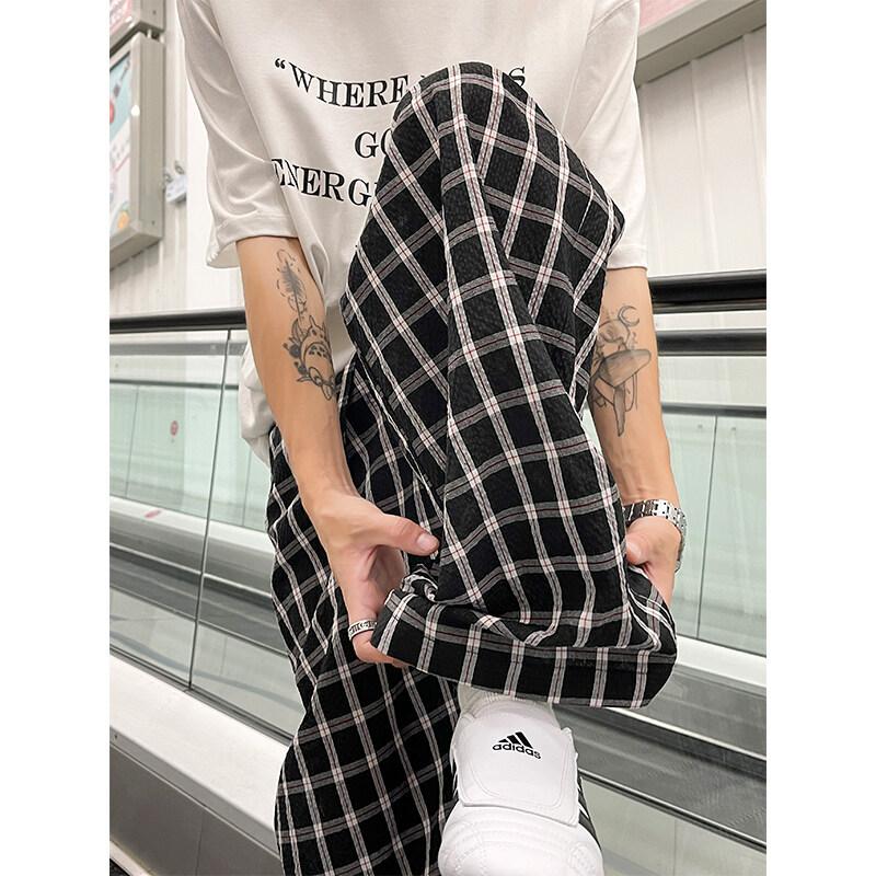 Pantalons à carreaux style Hong Kong d'été pour garçons Tendance Amples Jambes larges Décontractés Fins Polyvalents Droits Pantalons pour couples étudiants