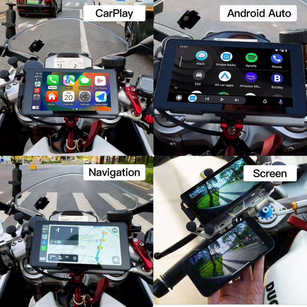Carabc 5" Motorcycle Carplay Screen, with GPS Navigation IPX7 Waterproof Front & Rear Cameras & TPMS