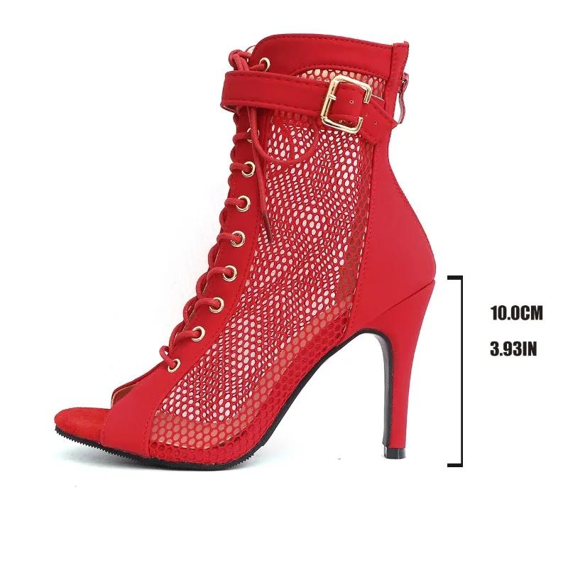2025 New Noble High Quality Jazz Dance Shoes for Women's Sexy Red Heels Ankle Boots Peep Toe Zipper Indoor Dancing Sandals