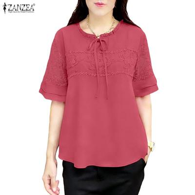 Damen Freizeit Rundhals Kurzarm Spitze Patchwork Bluse