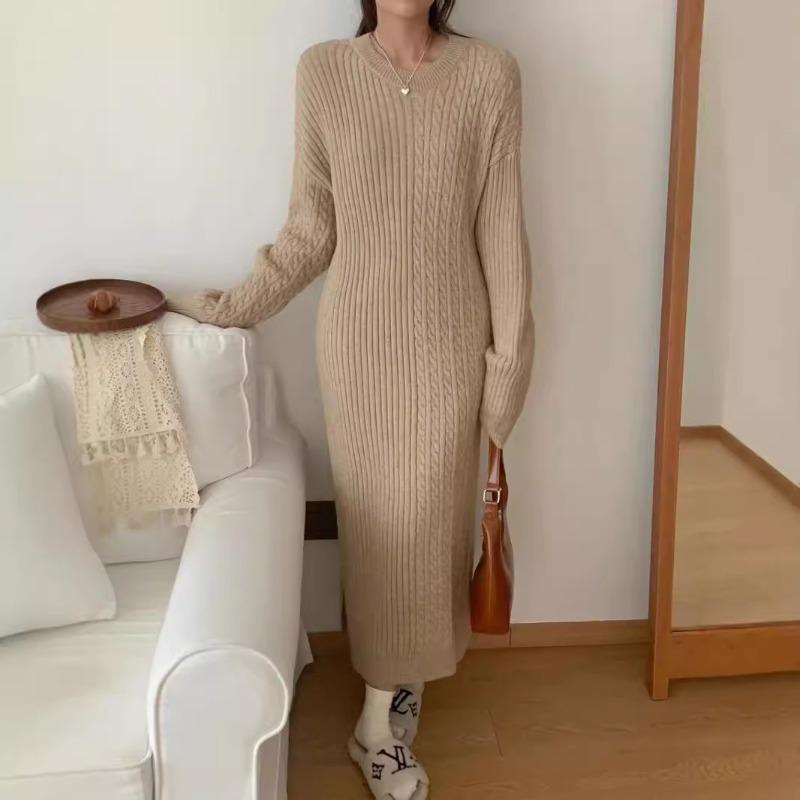 

Autumn and winter new high-end temperament long knitted dress women s solid color twist inner with bottom sweater skirt one size fits all хаки