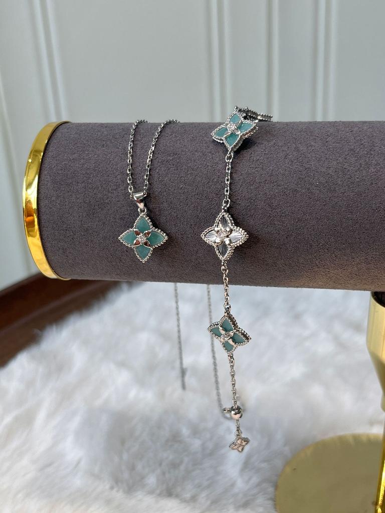 Light Luxury Powder Shell Purple Chalcedony Laser Four-Leaf Clover Five-Flower Bracelet Retro Court Style Sweet Temperament Necklace