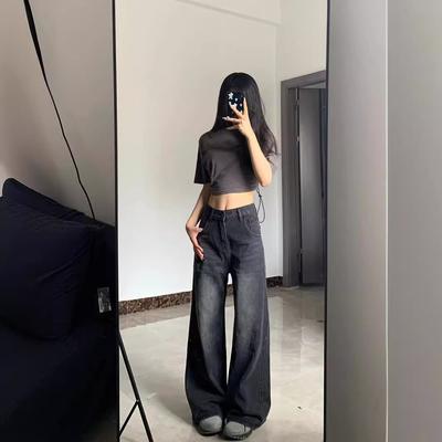 Svarte Jeans Dame Høy Midje Streetwear Baggy Casual Koreansk Mote Rett Vasket Denim Bukse