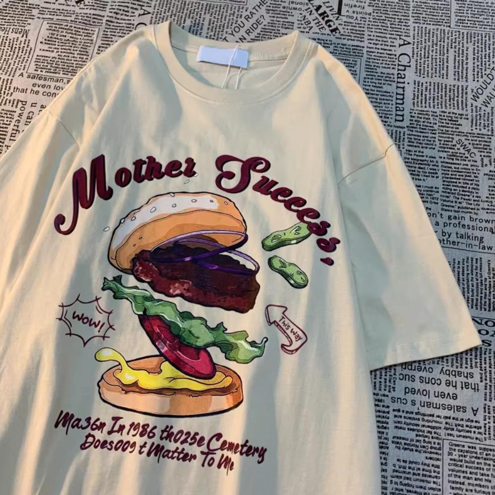 Lezzetli Burger Amerikan Retro Eğlenceli Baskılı Kısa Kollu Tişört Erkekler Kadınlar Sokak Bol Çok Yönlü Yarım Kollu Komik Tişört