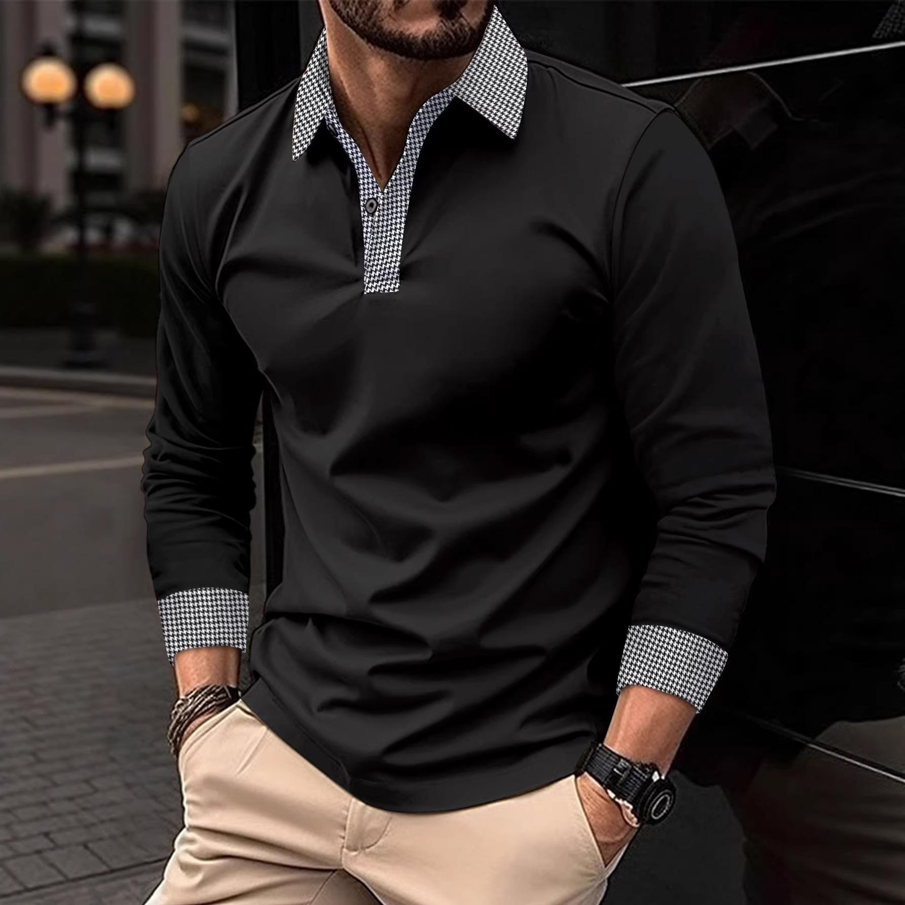 Mens Long Sleeve Color Block Casual Polo Shirt S чёрный