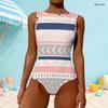 Women Plus Size High Round Neck Sleeveless Printed One Piece Swimsuit