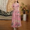 Women's Floral Print Maxi Round Neck Short Sleeve High Waist Pleated Linen Blend Casual Dress