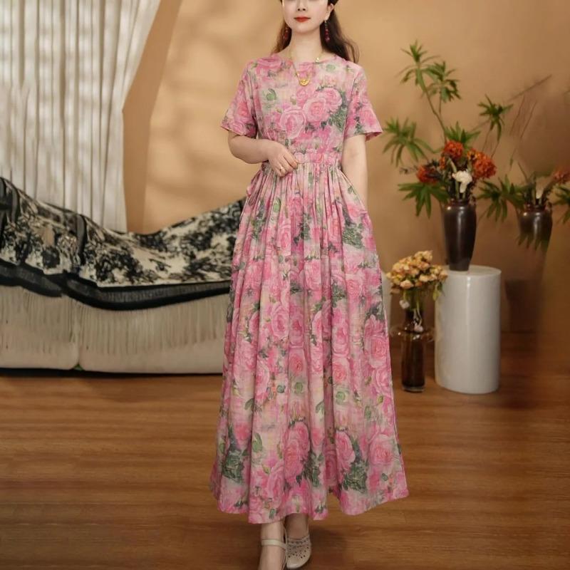 Women's Floral Print Maxi Round Neck Short Sleeve High Waist Pleated Linen Blend Casual Dress
