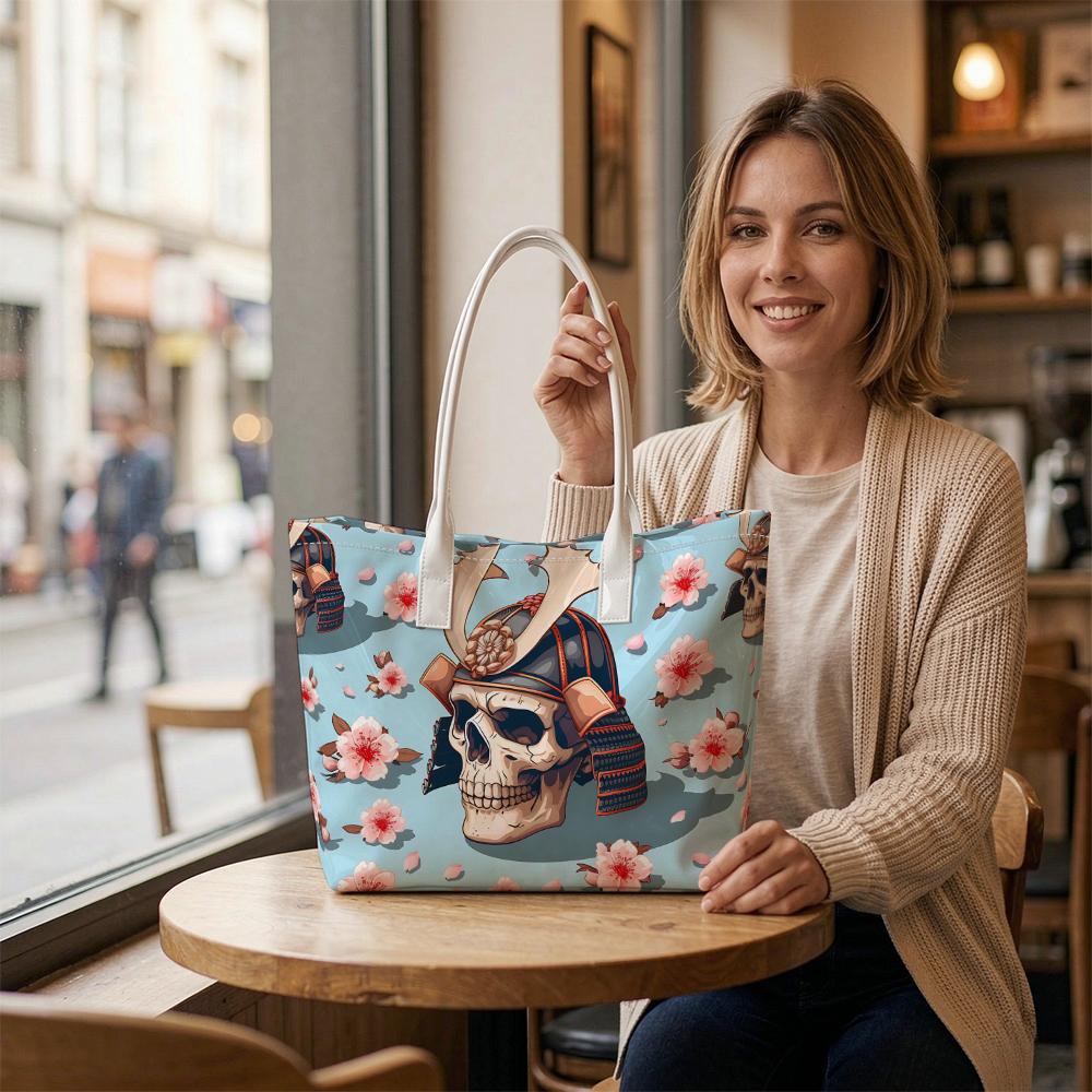 Japanese Samurai Skull Cherry Blossom Casual Tote Bag for Daily Use