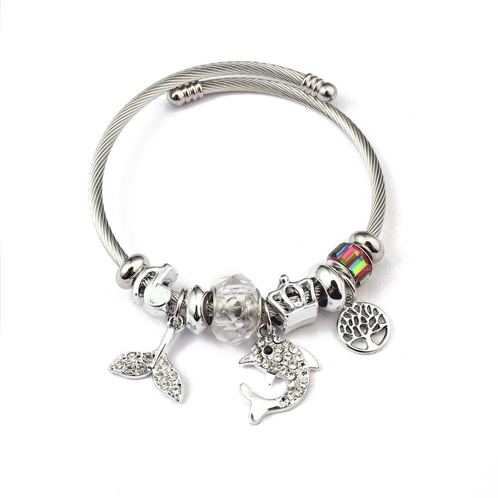 Simple Fashion Stainless Steel Bracelet With Crystal Bead Pendant Unisex Jewelry