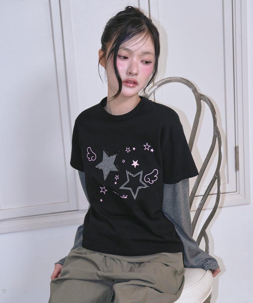THE GREEN LAB Star Patch St Layered T-Shirt [Black]