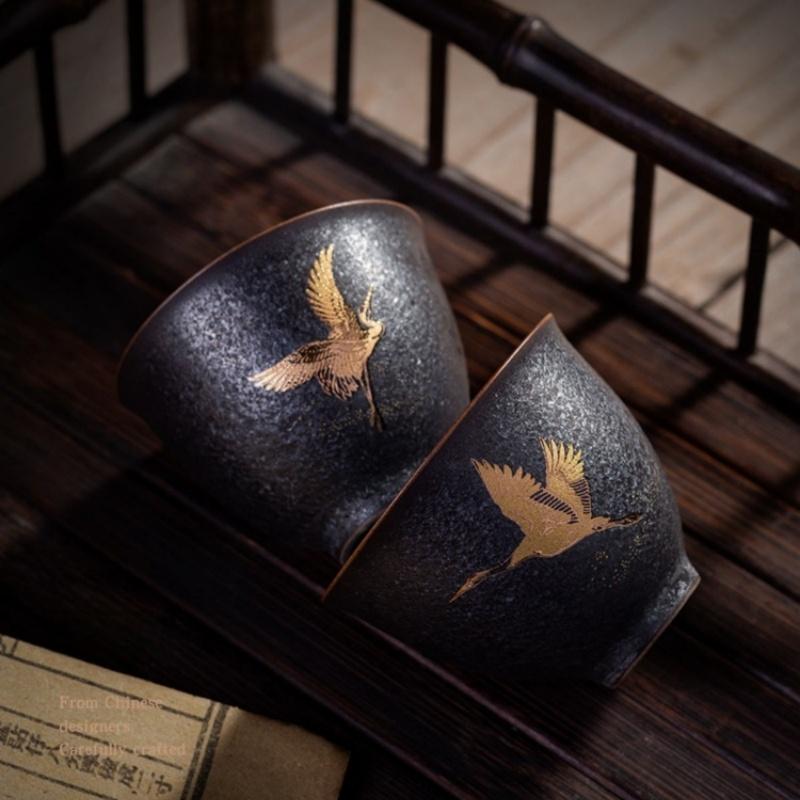

2/PCS 60ML Japanese Crane Tea Cup Handmade Stoneware Kiln Baked Retro Teacup Personal Master Cup Cup Teacups Tea 200ml