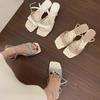 Small fresh open-toed square-headed floral sandals women's small thick-heeled shoes