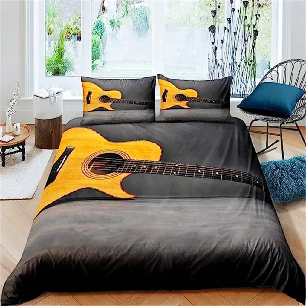 3D Rock Music Themed Guitar Colorful Duvet Cover Fire And Water Bedding Set Modern Gorgeous Microfiber Polyester For Boy Gifts