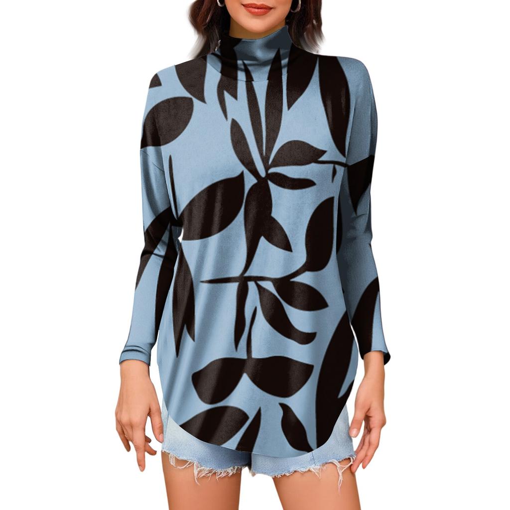 Women's Fashionable Casual High Neck Printed Long Sleeve T-Shirt Pullover Top
