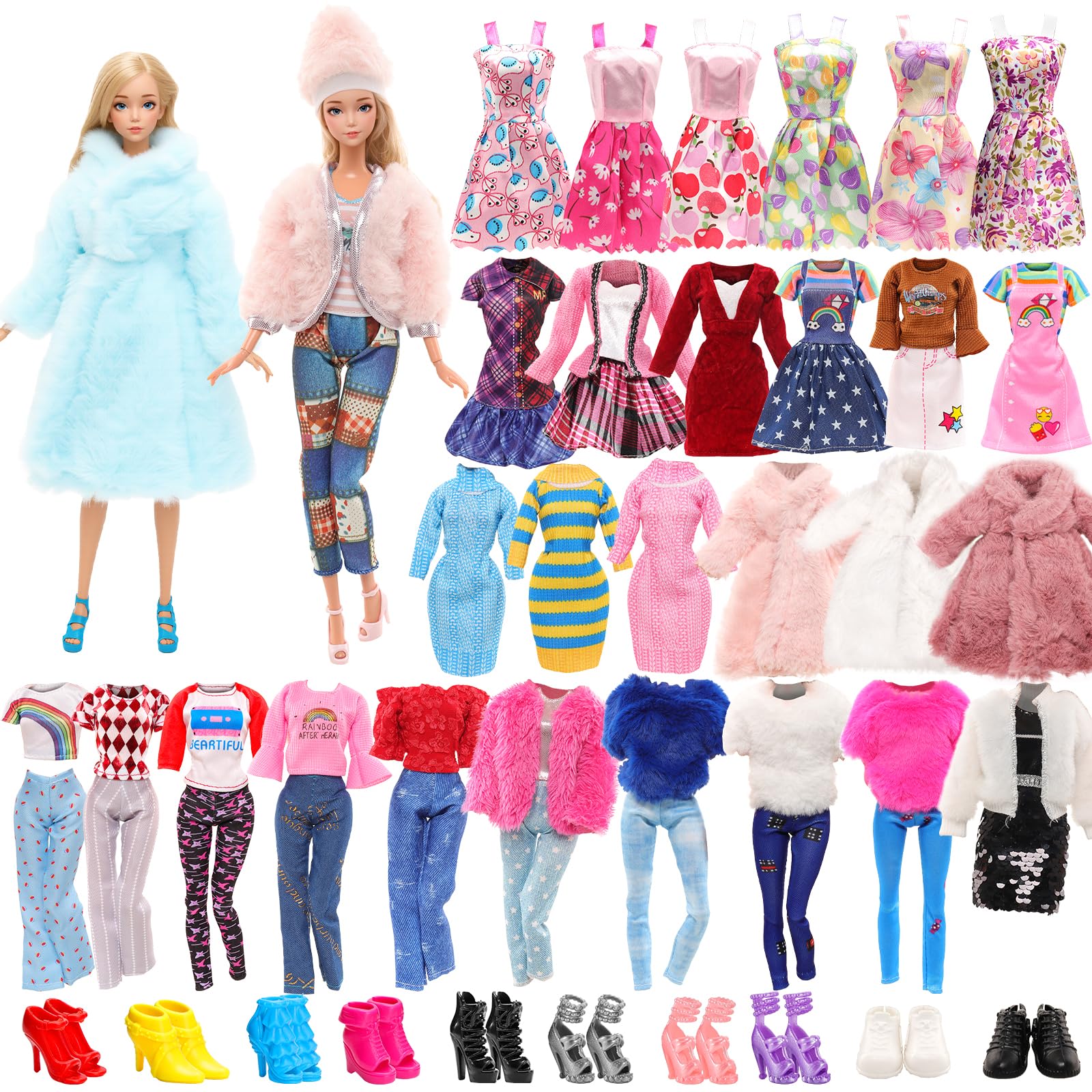 

Barwawa 30cm Doll Clothes, 16 Doll Dress Set (26 pieces) 3 tops + 8 dresses + 3 coats + 1 pair of pants + 1 shaggy coat + 10 pairs of shoes.