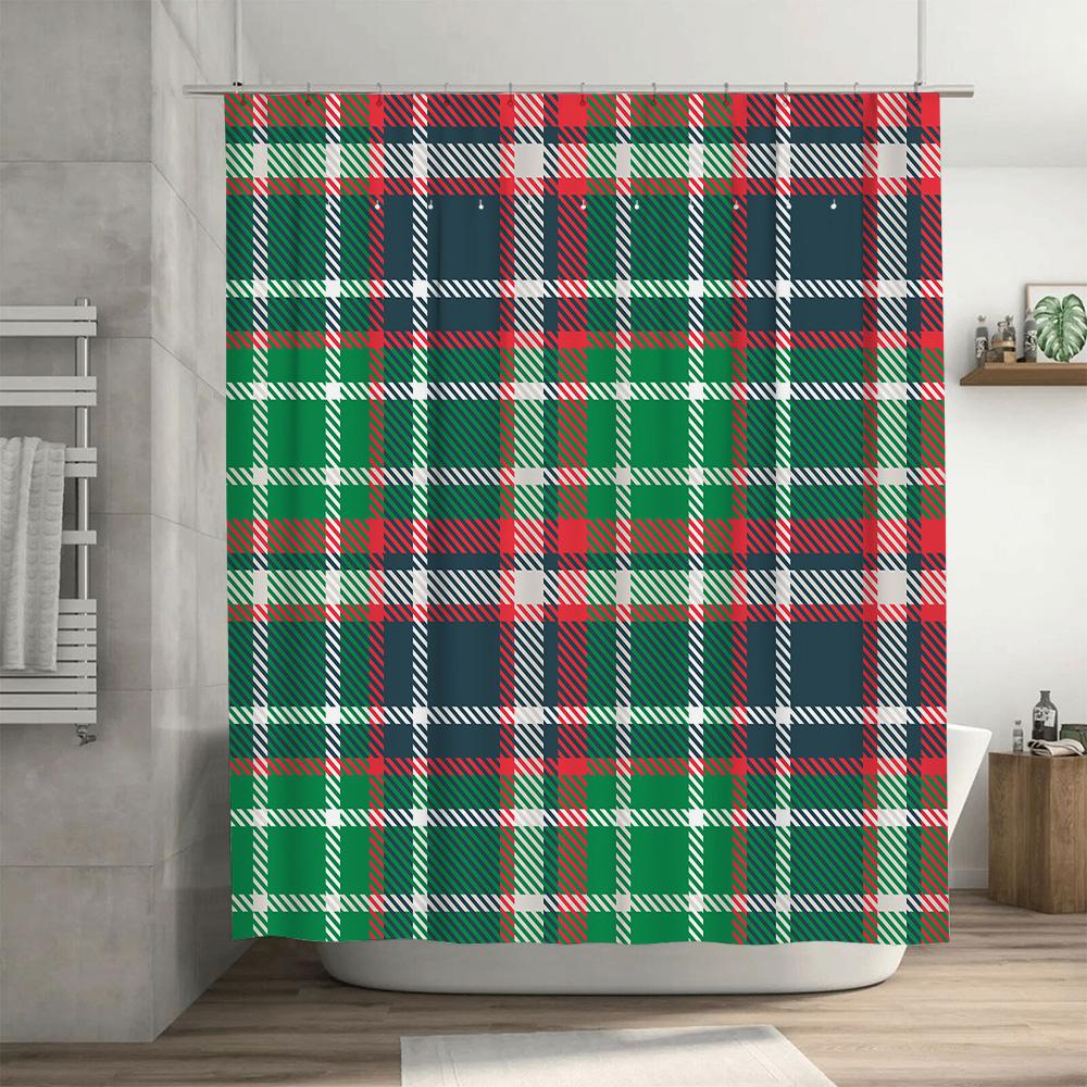 Green Red White Plaid Shower Curtain Waterproof Fabric Bathroom Decor Accessories for Home Improvement Xmas Holiday Decoration G