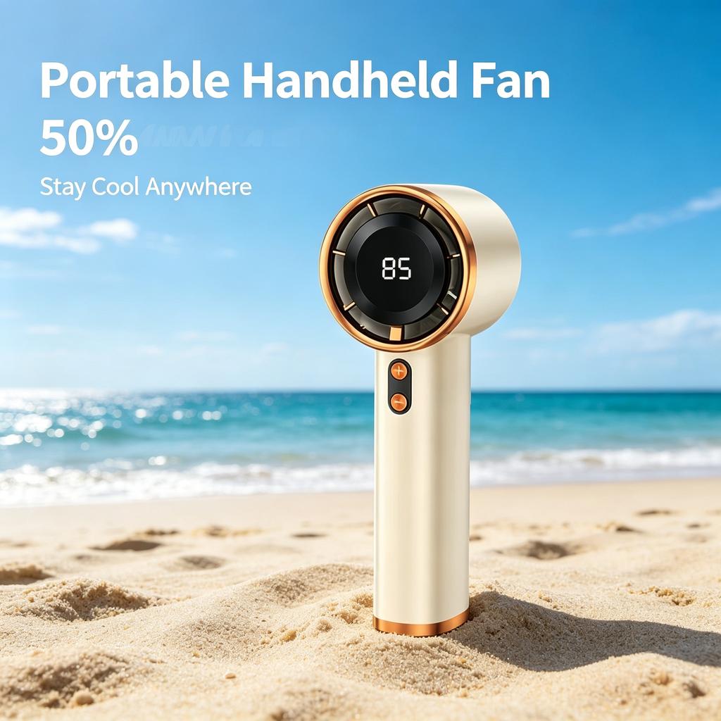 Ventilador portátil de mano recargable USB con pantalla digital y diseño plegable para exteriores